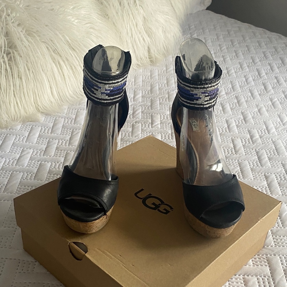 UGG Black Wedge Sandals with Beaded Ankle Cuffs